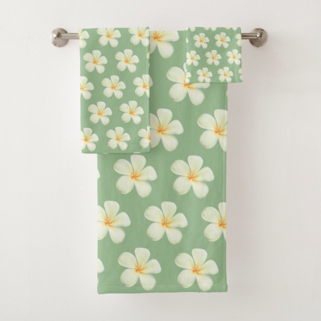 Elegant White Plumeria Flowers on Green Bath Towel Set (Insitu)