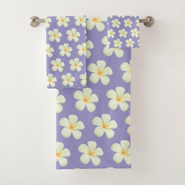 Elegant White Plumeria Flowers on Silver Grey  Bath Towel Set (Insitu)
