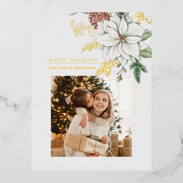 Elegant White Poinsettia and Pine Photo Foil Holiday Postcard (Front)