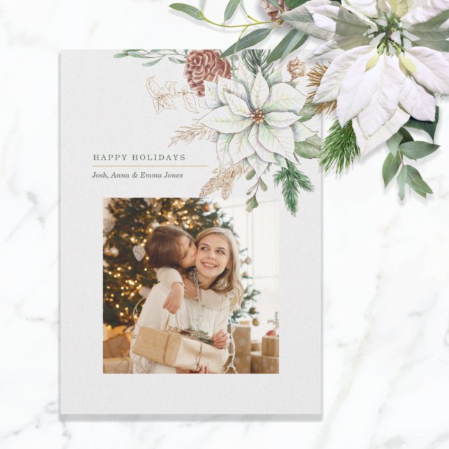Elegant White Poinsettia and Pine Photo Holiday Card (Creator Uploaded)