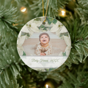 Elegant White Poinsettia Baby Photo Ceramic Tree Decoration