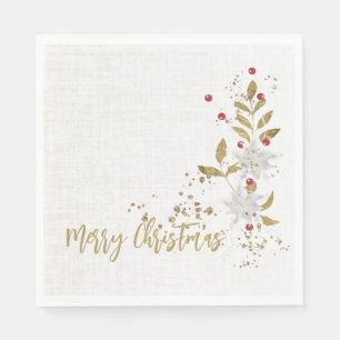 Elegant White Poinsettia Berries and Gold Glitter Napkin