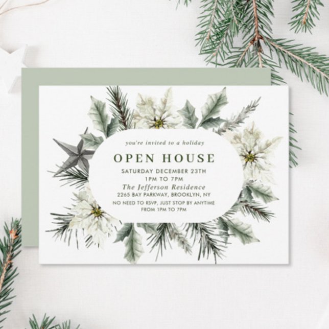 Elegant White Poinsettia Boho Christmas Open House Invitation (Creator Uploaded)