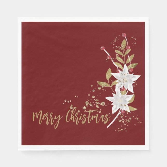 Elegant White Poinsettia Burgundy Gold Glitter Napkin (Front)