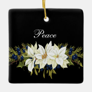 Elegant White Poinsettia Christmas Name & Date Ceramic Ornament