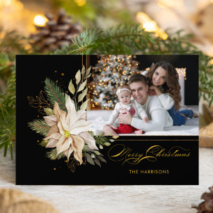 Elegant White Poinsettias w/Gold Greenery Photo Holiday Card