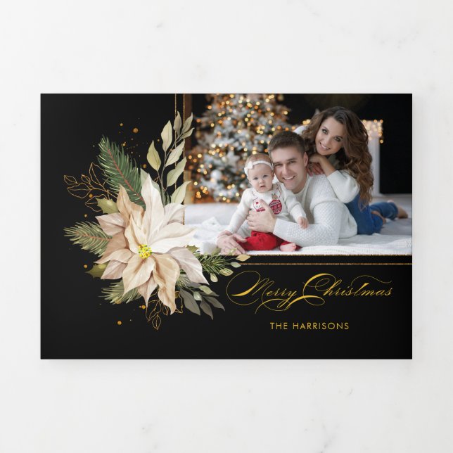 Elegant White Poinsettias w/Gold Greenery Photo Tri-Fold Holiday Card (Cover)
