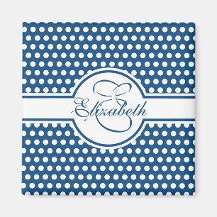 Elegant White Polka Dots on Classic Blue Monogram Magnet