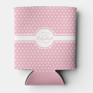 Elegant White Polka Dots on Pink Monogram Can Cooler
