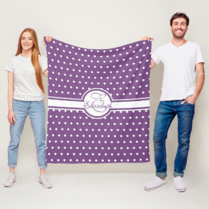 Elegant White Polka Dots on Purple Monogram Fleece Blanket