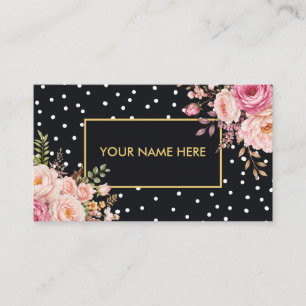 Elegant White Polka with Gold Frame & Roses Business Card
