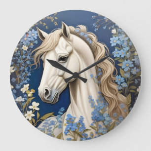 Elegant White Pony And Forget-Me-Nots Large Clock