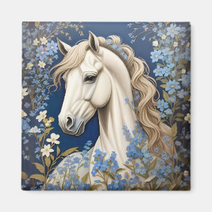 Elegant White Pony And Forget-Me-Nots Magnet