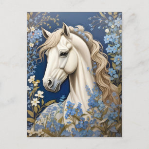 Elegant White Pony And Forget-Me-Nots Postcard