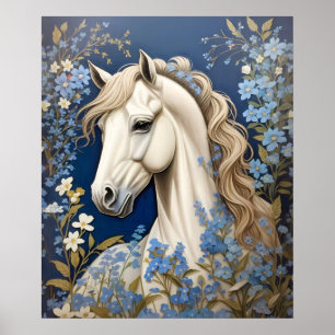 Elegant White Pony And Forget-Me-Nots Poster