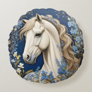 Elegant White Pony And Forget-Me-Nots Round Cushion