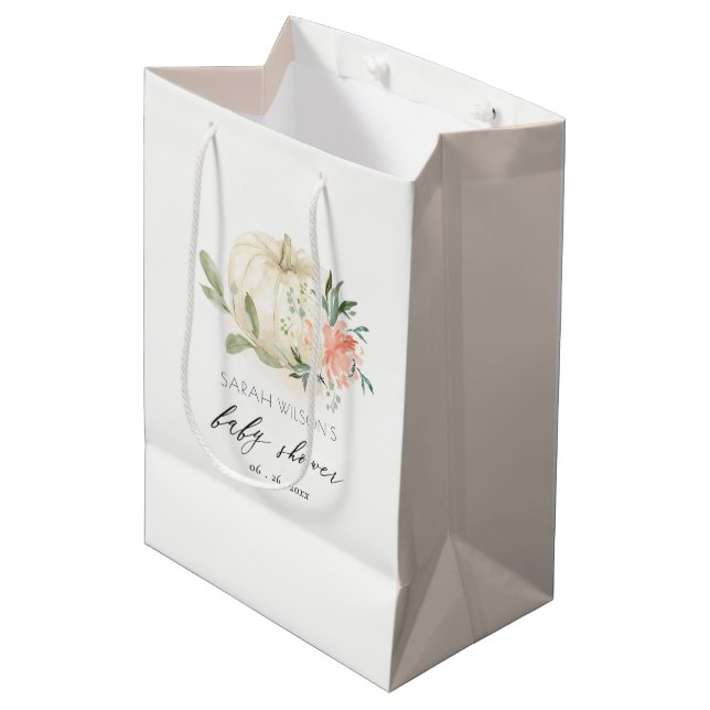 Elegant White Pumpkin Blush Floral Baby Shower Medium Gift Bag (Front Angled)