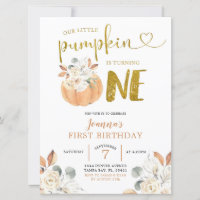 Elegant White Pumpkin Floral First Birthday Invite