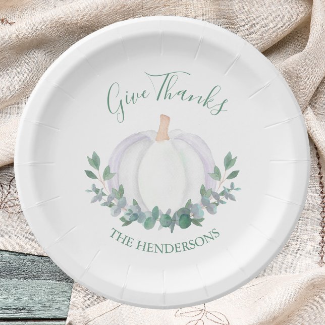 Elegant White Pumpkin Green Leaves Thanksgiving Paper Plate (Creator Uploaded)