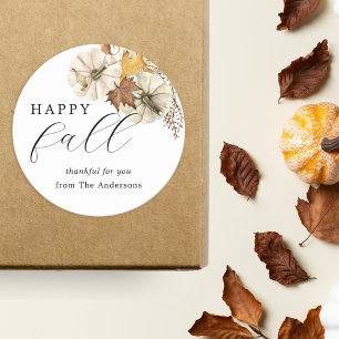 Elegant White Pumpkins Happy Fall Thanksgiving Classic Round Sticker