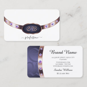 Elegant White Purple and Rose Gold Jewels Monogram Business Card