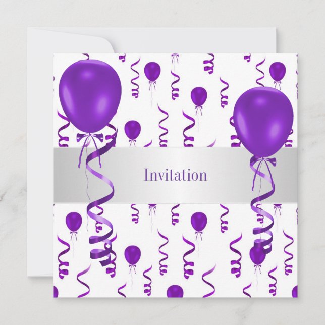Elegant White Purple Balloon Special Party Event Invitation (Front)