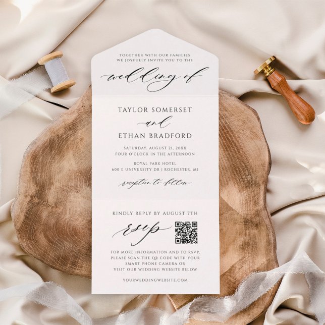 Elegant White QR Code RSVP Calligraphy Wedding All In One Invitation (Creator Uploaded)