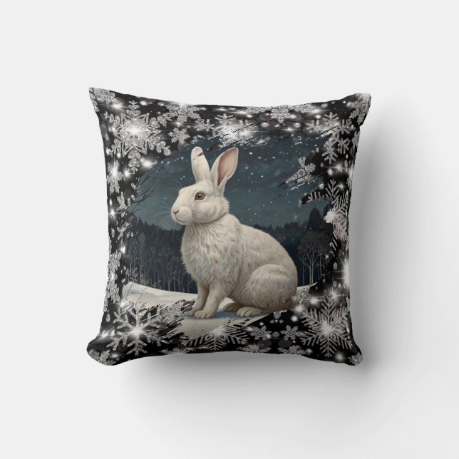 Elegant white rabbit Christmas snowflakes Cushion (Front)