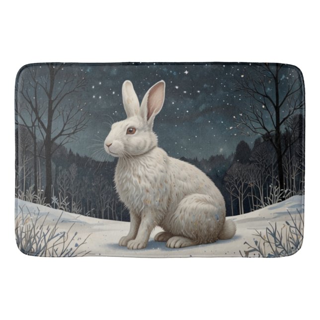Elegant white rabbit Christmas snowy woodland  Bath Mat (Front)