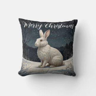 Elegant white rabbit Christmas snowy woodland  Cushion