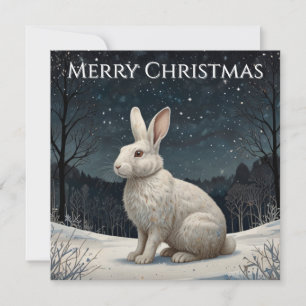 Elegant white rabbit Christmas snowy woodland Holiday Card