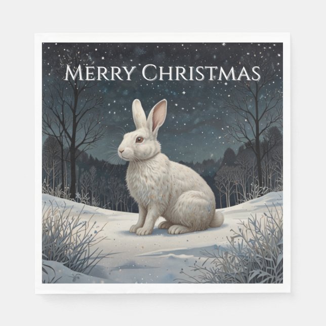 Elegant white rabbit Christmas snowy woodland  Napkin (Front)