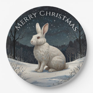 Elegant white rabbit Christmas snowy woodland Paper Plate