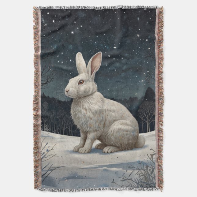 Elegant white rabbit Christmas snowy woodland  Throw Blanket (Front Vertical)
