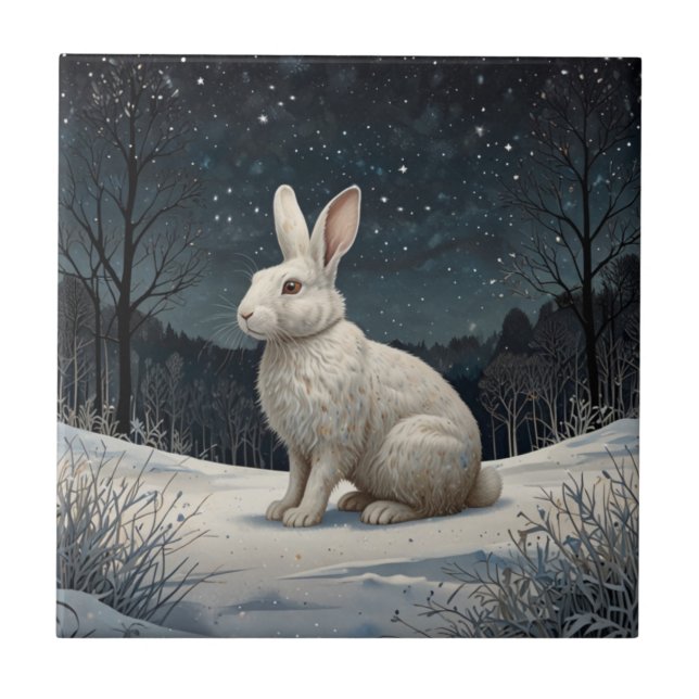 Elegant white rabbit Christmas snowy woodland  Tile (Front)