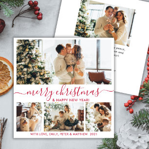 Elegant White Red 4 Photo Collage Christmas Holida Holiday Card