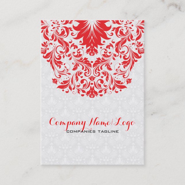 Elegant White & Red Damasks & Lace Business Card (Front)