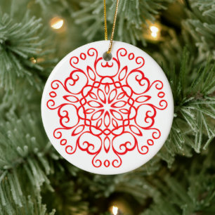 Elegant White & Red Decorative Mandala Cute Xmas Ceramic Tree Decoration