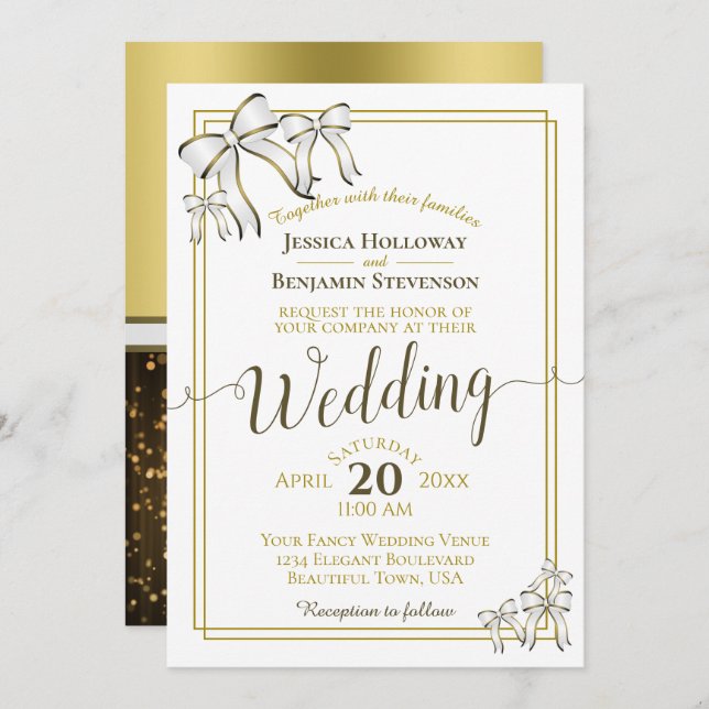 Elegant White Ribbons Gold Wedding Invitation (Front/Back)
