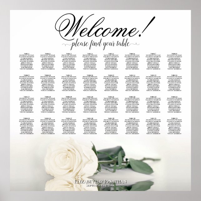 Elegant White Rose 32 Table Wedding Seating Chart (Front)