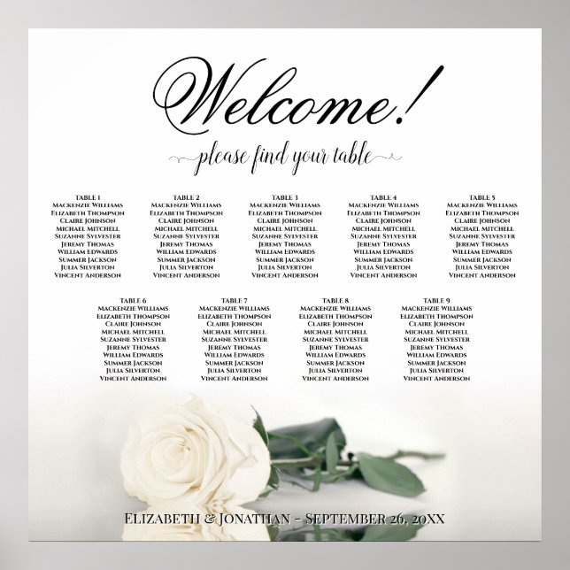 Elegant White Rose 9 Table Wedding Seating Chart (Front)
