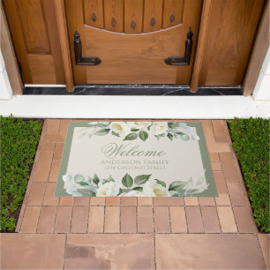 Elegant White Rose and Sage Floral Custom Doormat