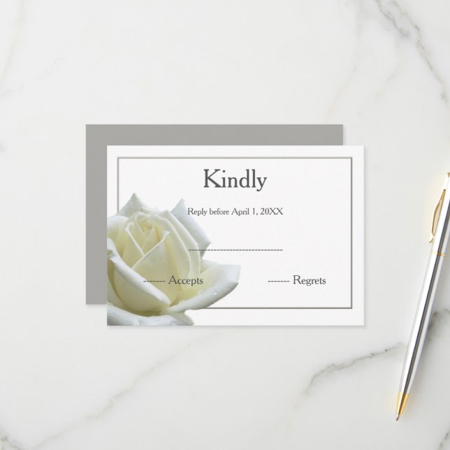 Elegant white rose and silver RSVP Card (Front/Back In Situ)