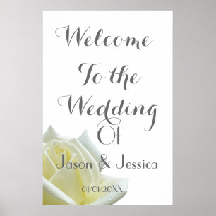 Elegant white rose and silver wedding welcome poster