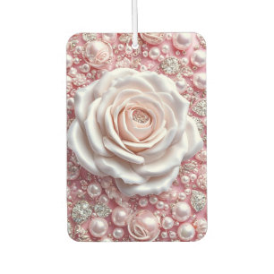 Elegant White Rose and Sparkling Pink Pearls Car Air Freshener