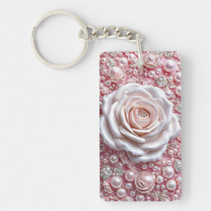 Elegant White Rose and Sparkling Pink Pearls Key Ring