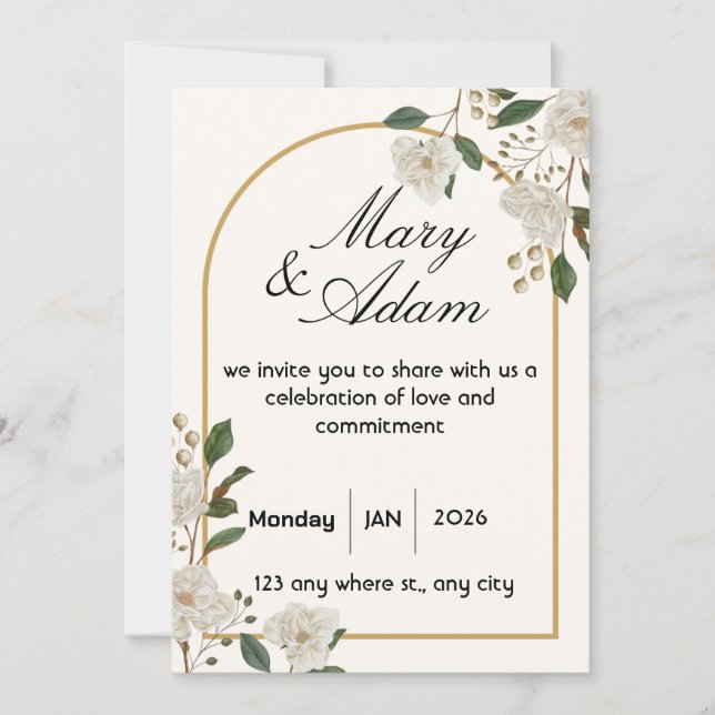 Elegant White Rose Arch Wedding Invitation (Front)