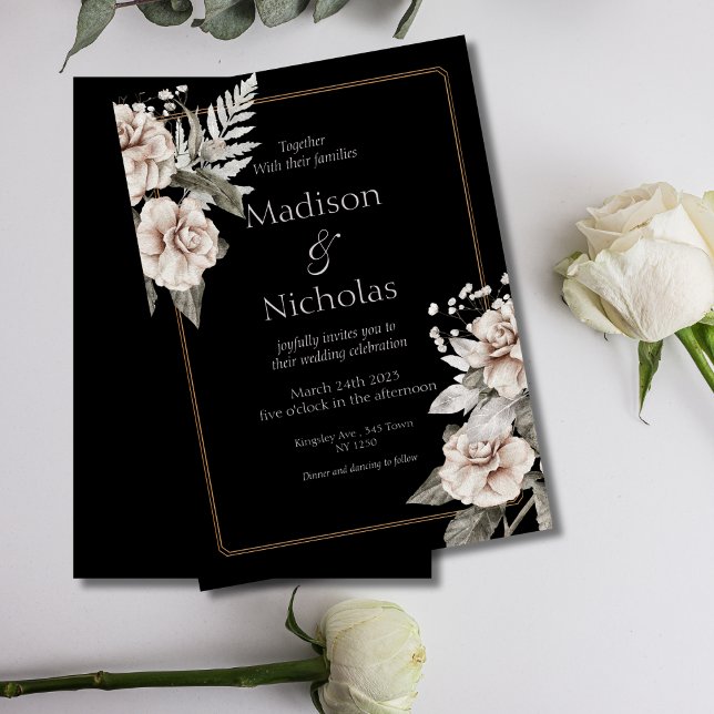 Elegant White Rose Black Wedding invitation (Elegant Black Floral Wedding Invite)