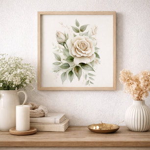 Elegant White Rose Botanical Greenery Neutral Poster