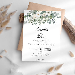 Elegant White Rose Botanical Wedding Invitation